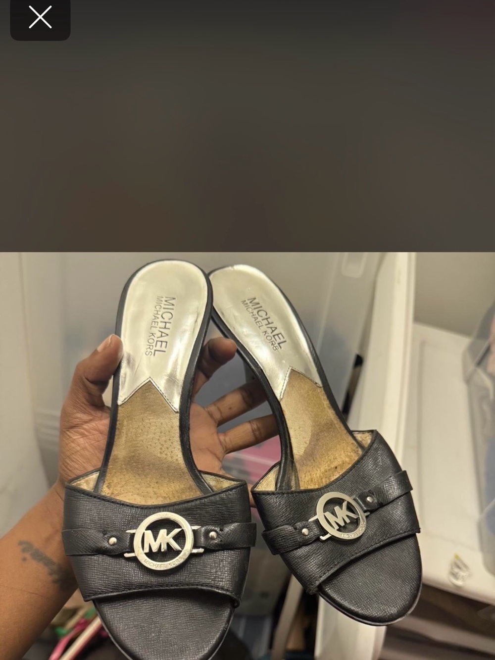Michael Kors Black Leather MK Logo Slide Mules